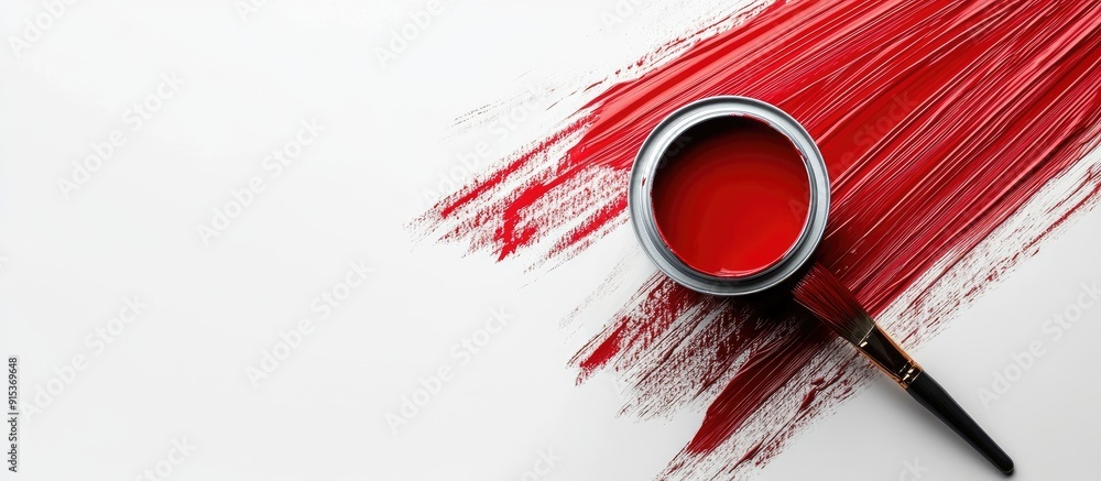 Poster Red paint can and brush on a white background. with copy space image. Place for adding text or design