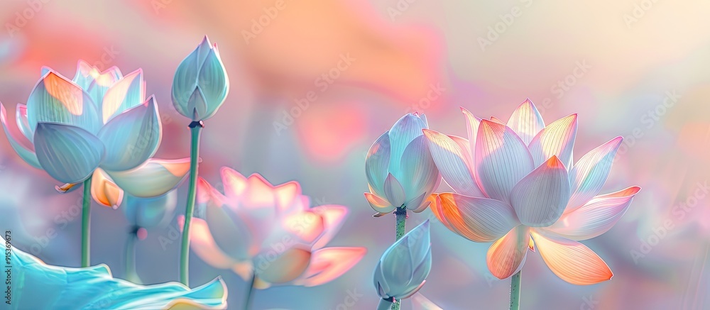 Poster Lotus flower featuring a pastel multicolored gradient abstract nature background. with copy space image. Place for adding text or design