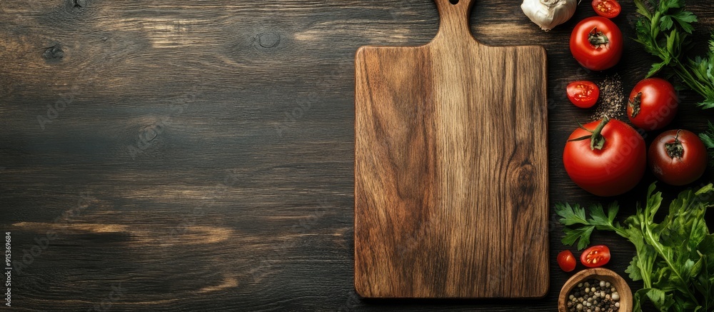 Leinwandbilder Prepare a meal Create a mock up for a menu or recipe Wooden cutting board positioned next to ingredients on a dark wooden background top view. with copy space image. Place for adding text or design