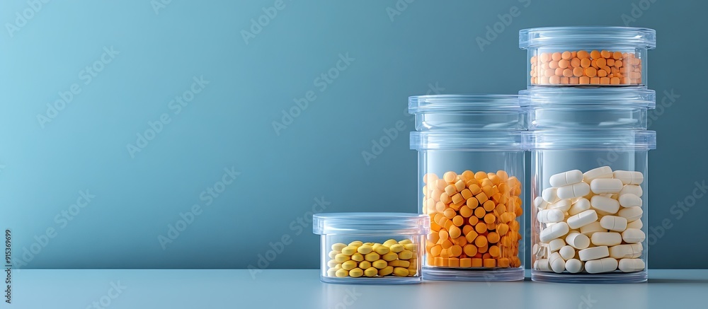 Poster Collection of plastic containers with pills on a table. with copy space image. Place for adding text or design