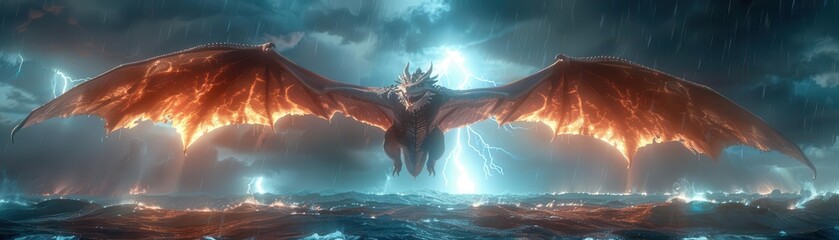Rear view capturing a majestic dragon soaring over stormy seas, luminous scales reflecting lightning flashes, photorealistic, high dynamic range, drone photography