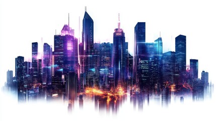 Obraz premium Futuristic city skyline illuminated at night with vibrant skyscrapers and glowing lights