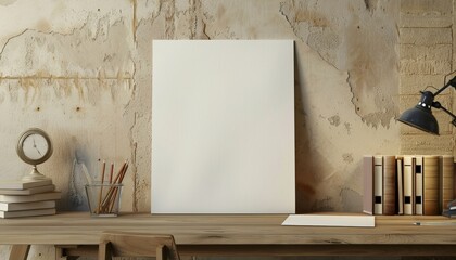 Empty White Paper on Wooden Desk with Books, Lamp, Pencils, Chair in Room, Background with Copy Space, Mockup