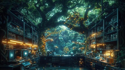 Fototapeta premium Rear view of a fantasy forest blending into a modern forensic lab