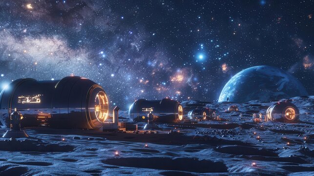 Panoramic view of futuristic moon base