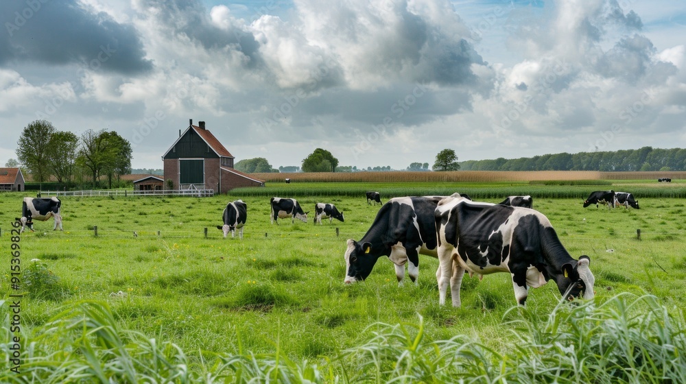Poster a herd of cows are grazing in a field next to a house