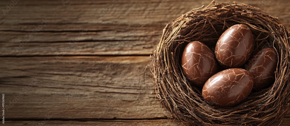 Poster Easter Chocolate eggs rest in a nest on a brown wooden table. with copy space image. Place for adding text or design