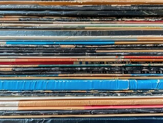 Close up of a stack of old vinyl records.