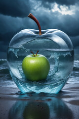 A double exposition that combines a stormy sea and a glass apple. The sea serves as a background, a translucent glass figure of an apple, the sea inside.