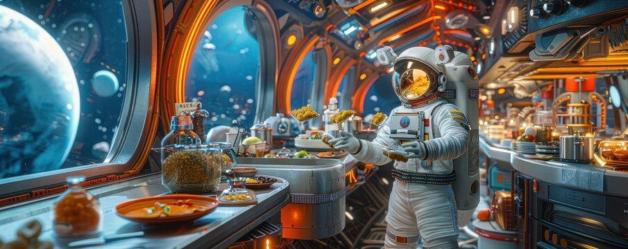 Space kitchen aboard futuristic spaceship