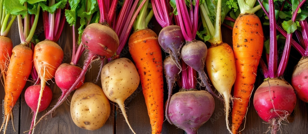 Aufkleber Close up of a row of root vegetables on a tabletop. with copy space image. Place for adding text or design