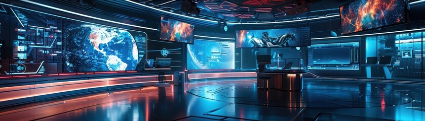 Tilted angle shot of a sleek futuristic news studio integrated with elements from an ethereal fantasy world