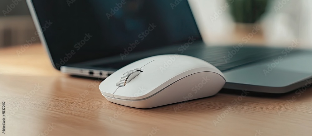 Poster Close up of a modern white wireless mouse next to a black laptop on a wooden desk. with copy space image. Place for adding text or design