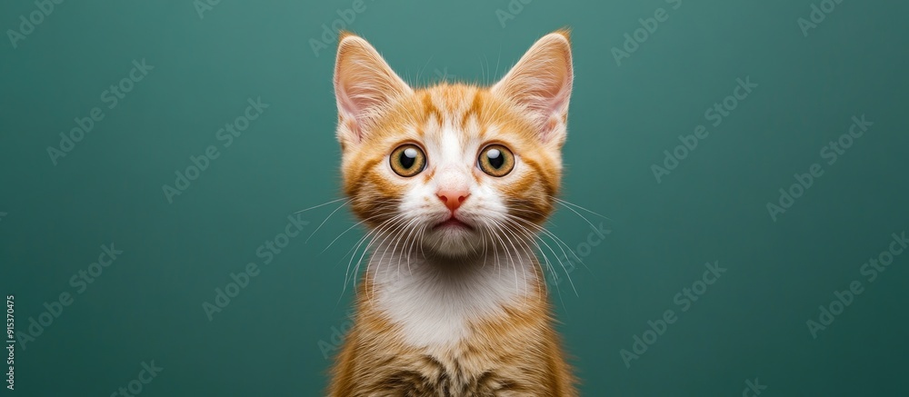 Poster portrait of an orange and white tabby kitten gazing directly at the viewer with a skeptical look a g