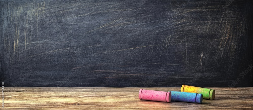Poster Empty blackboard with vibrant chalk on a wooden surface. with copy space image. Place for adding text or design