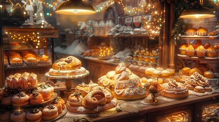 Tilted angle view of a magical bakery, enchanted pastries glowing with a soft light, whimsical decorations, rich oil painting texture, warm and inviting colors, ethereal atmosphere