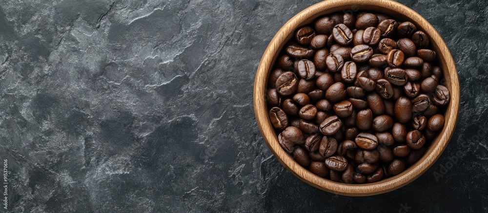 Fototapete Close up of a wooden bowl filled with roasted coffee beans on a dark slate background Horizontal layout with copy space for text Top view