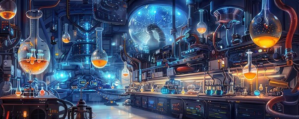 Tilted angle view of a surrealist science lab