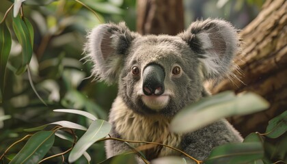 Koala Bear with Eucalyptus Leaves in Natural Habitat, Close-Up, Calm Expression