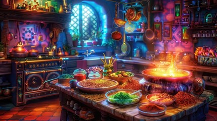 Tilted angle view of a whimsical fantasy kitchen, vibrant colors, floating utensils, enchanted spices, glowing cauldron, photorealistic digital painting, fairy-tale atmosphere
