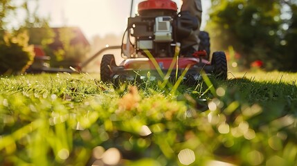 A close-up of a professional landscaper mowing a large lawn with a commercial lawnmower, detailed view of the machinery and uniform, vibrant green grass, sunny weather, precise and clean action,