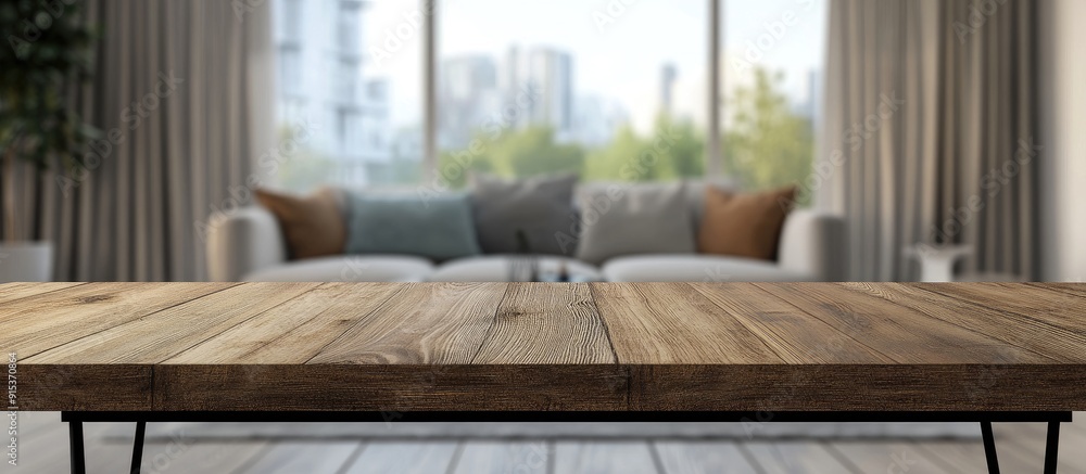 Aufkleber Modern minimalist Scandinavian living room viewed through a blurred wooden tabletop ideal for advertising and product displays. with copy space image. Place for adding text or design