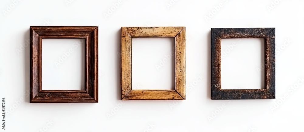 Fototapete wooden frames set against a white background. with copy space image. place for adding text or design