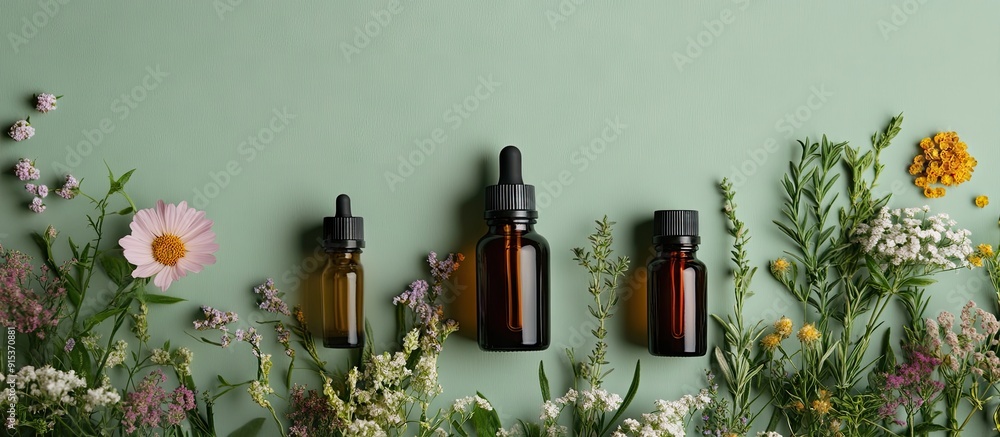 Poster Flat lay arrangement featuring bottles of essential oil and text space on a colored background. with copy space image. Place for adding text or design
