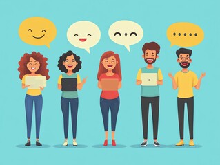 Fototapeta premium Happy group of people with speech bubbles and tablets.