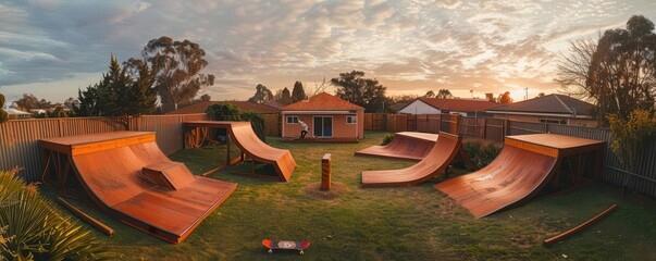 Wide-angle shot of homemade skateboarding ramps and hurdles set up in a suburban backyard