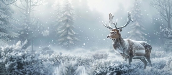 Naklejka premium Christmas festive backdrop featuring a white deer. with copy space image. Place for adding text or design