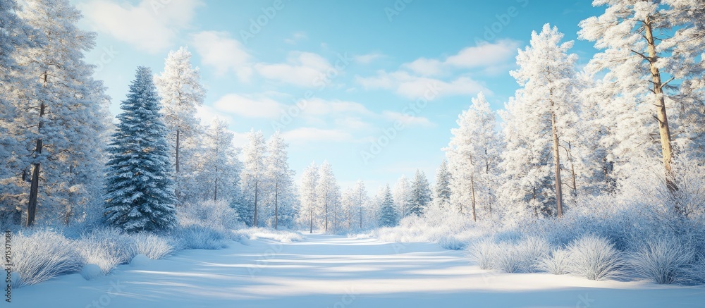 Poster Sunny winter forest featuring pine trees blanketed in snow under a blue sky. with copy space image. Place for adding text or design