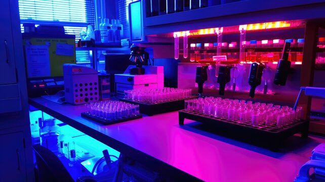 A UV-Vis spectrometer setup for measuring the concentration of protein samples, with cuvettes aligned for analysis