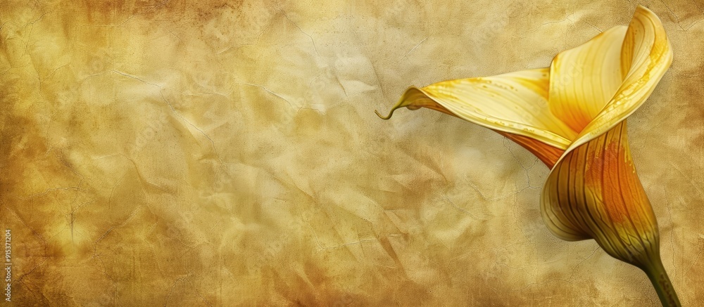 Fototapete textured vintage paper background featuring a yellow calla lily. with copy space image. Place for adding text or design