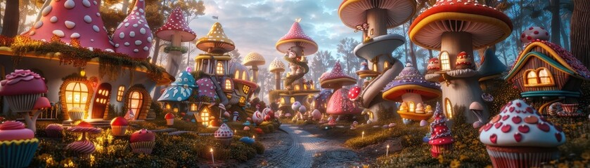 Worms-eye view of a giant surrealist fantasy mushroom forest with cupcake houses