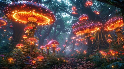 Worms-eye view of a surreal fantasy forest