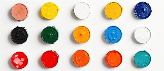Colorful collection of basic acrylic paints against a white background top view. with copy space image. Place for adding text or design