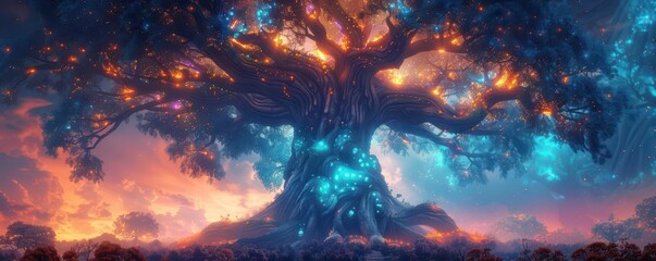 Worms-eye view of a towering ancient tree, fantasy world, glowing magical creatures, misty background, vibrant colors, highly detailed digital painting style, mystical ambiance