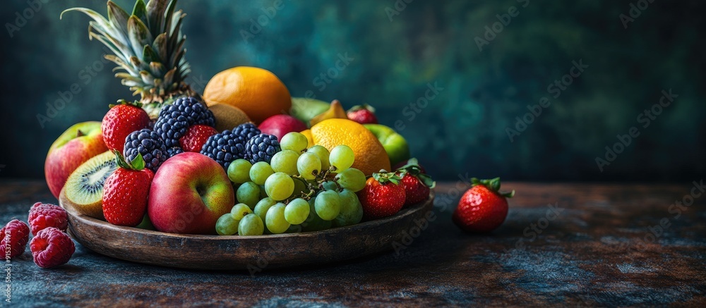 Aufkleber A range of fresh assorted fruits on a rustic wooden table Colorful assorted fruits create a healthy backdrop with a dark tone copy space and selective focus