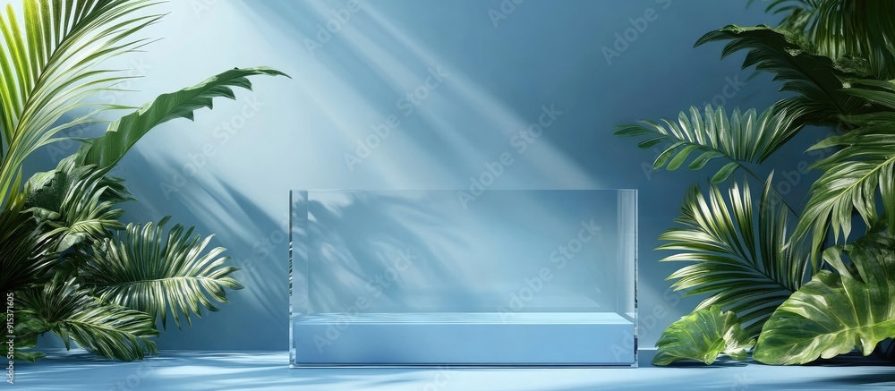 Aufkleber Transparent cube podium with leaves on a blue background for products a stylish showcase mock up for exhibition and presentation of goods. with copy space image. Place for adding text or design
