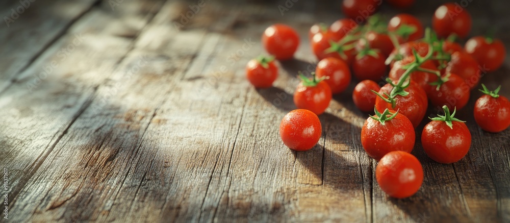 Leinwandbilder fresh ripe mini organic tomatoes on a weathered wooden surface. with copy space image. place for add