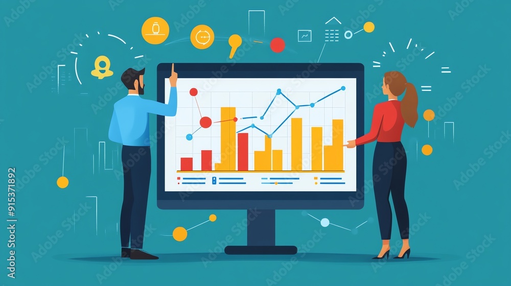 Poster Businesspeople analyzing data on a computer screen.