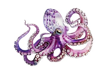 Fototapeta premium Watercolor Illustration of a Purple Octopus with Detailed Tentacles.