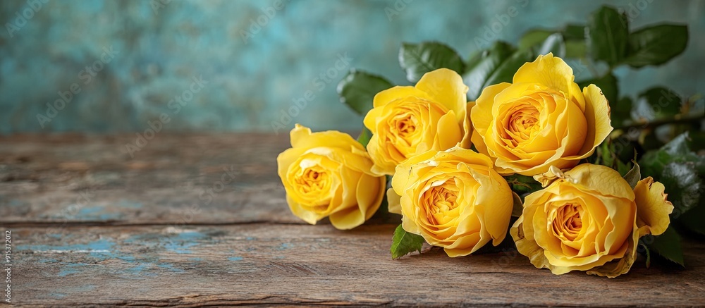 Poster yellow roses on an antique wooden table. with copy space image. place for adding text or design