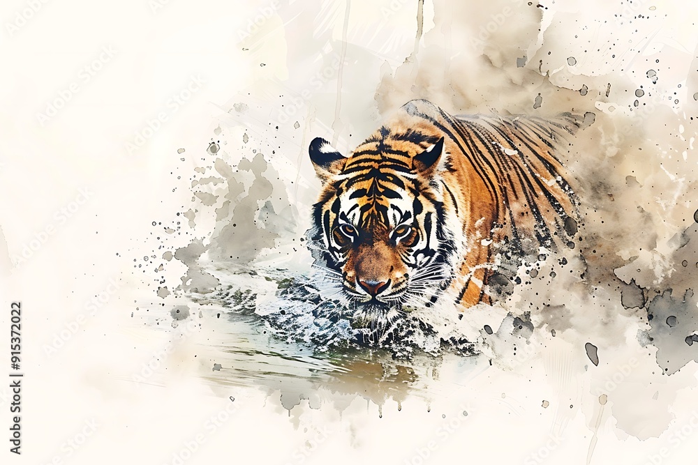 Canvas Prints Watercolor Illustration of a Tiger Emerging from Water.