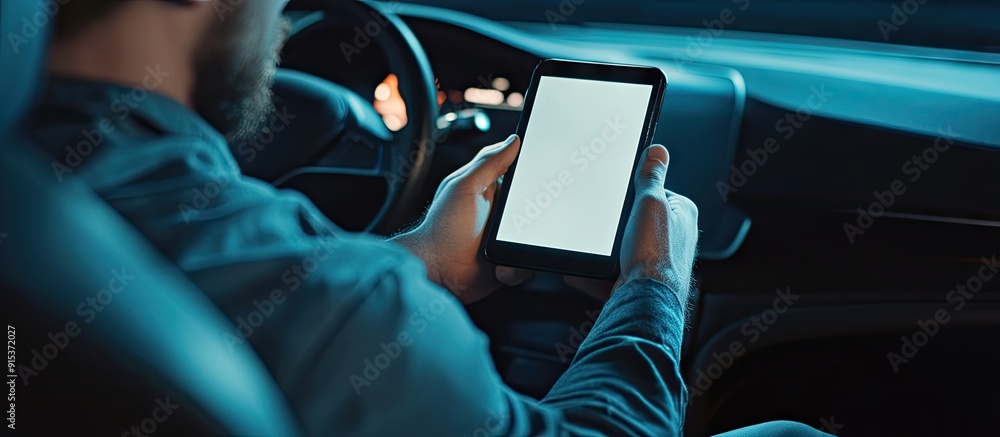 Aufkleber a man seated in the car holding a touchscreen phone with an empty screen area for text. with copy sp