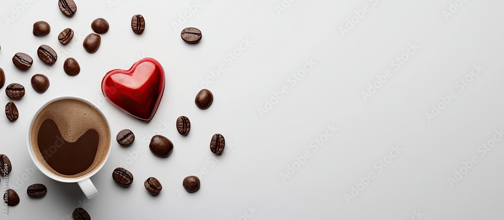 Poster Top view of a chocolate heart and coffee for Valentine s Day. with copy space image. Place for adding text or design