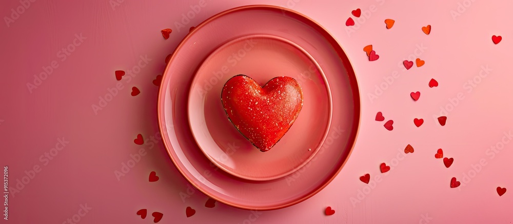 Poster close up of a red heart shaped plate against a pink background empty mockup for valentine s day top 