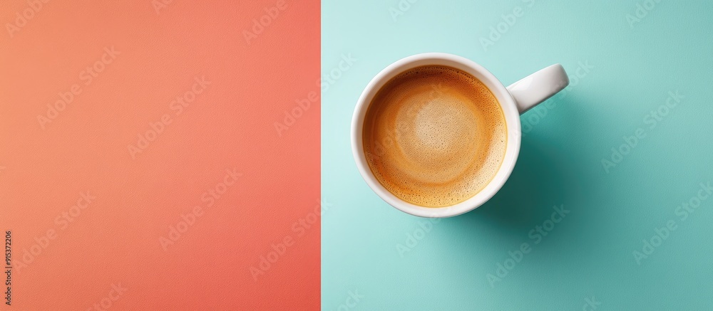Poster Ceramic cup filled with hot aromatic coffee on a colored background top view. with copy space image. Place for adding text or design