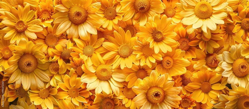 Aufkleber yellow daisies on a yellow backdrop top view. with copy space image. Place for adding text or design
